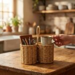 Gold Home Rattan Hasır Organizer 2 Bölmeli Yuvarlak Sepet