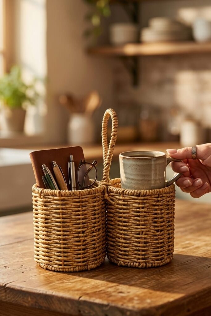 Gold Home Rattan Hasır Organizer 2 Bölmeli Yuvarlak Sepet