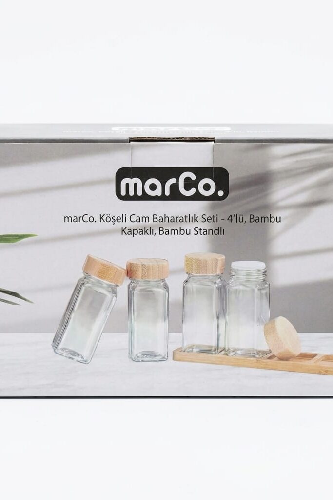 Marco 4'lü Köşeli Cam Baharatlık Seti Standlı