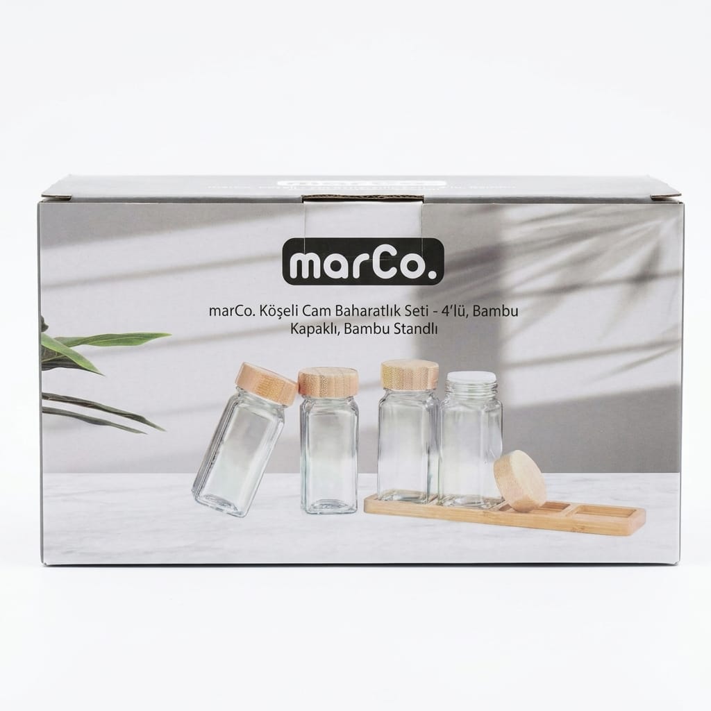 Marco 4'lü Köşeli Cam Baharatlık Seti Standlı