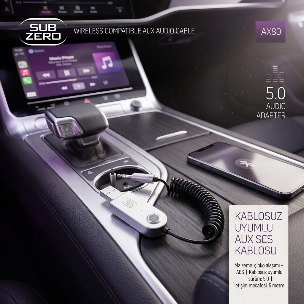 Subzero AX80 Bluetooth 5.0 Araç İçi AUX Ses Adaptörü