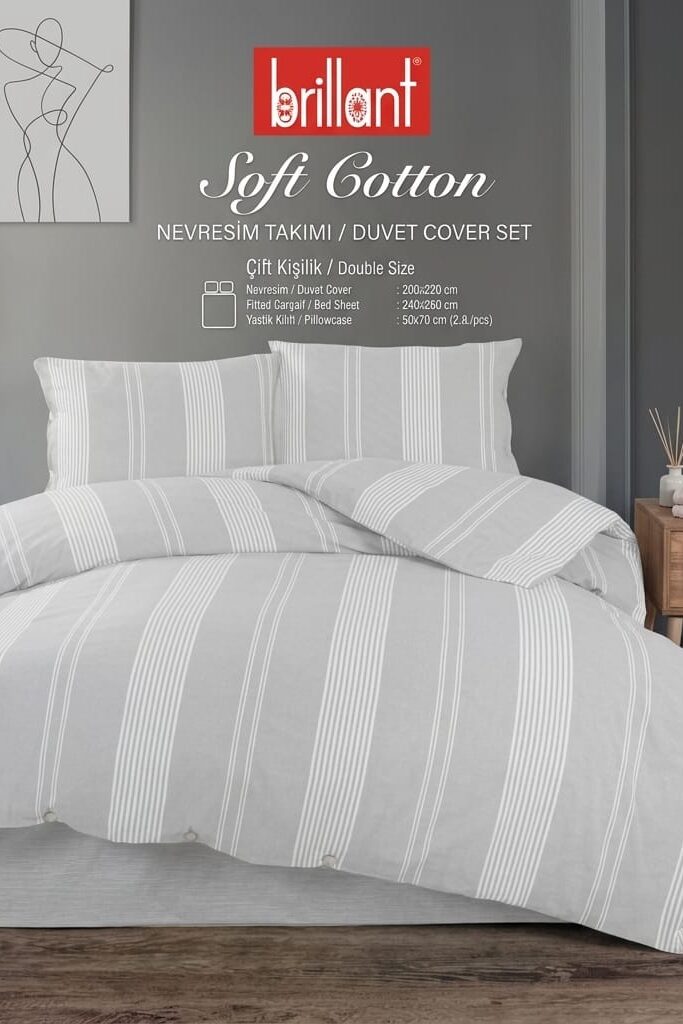 Brillant Soft Cotton Çift Kişilik Nevresim Takımı Gri Çizgili