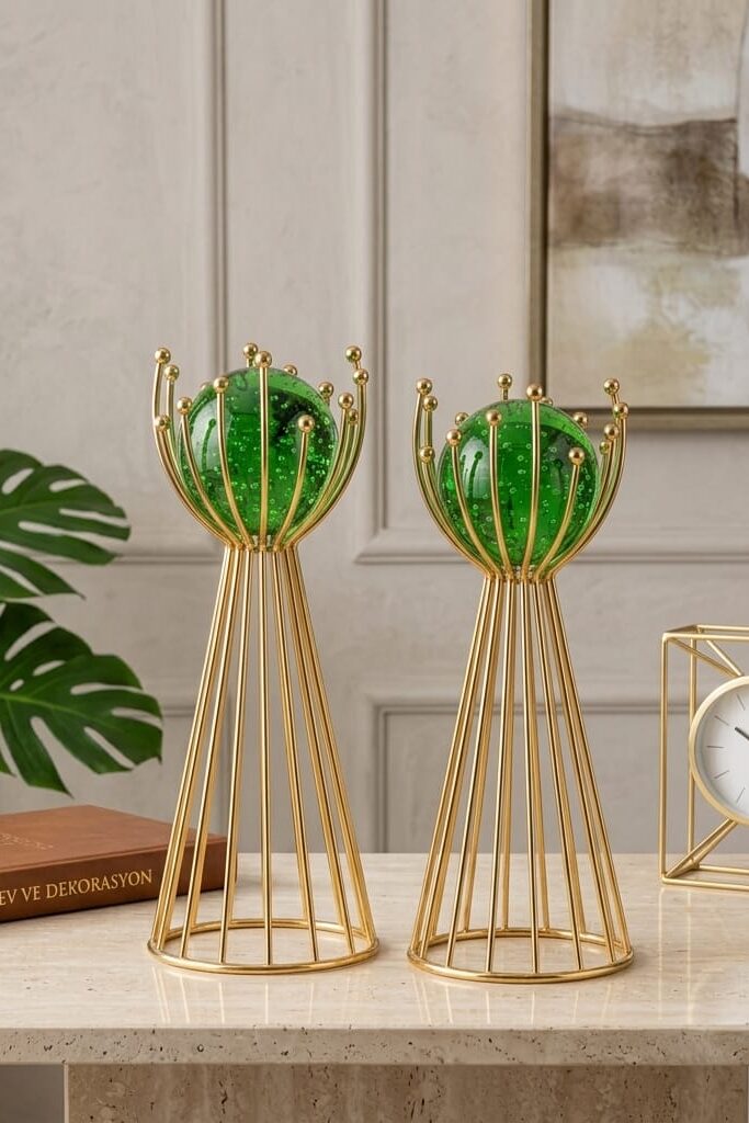 Leila İkili Yeşil Kristal Küre Seti 30 cm - 26 cm