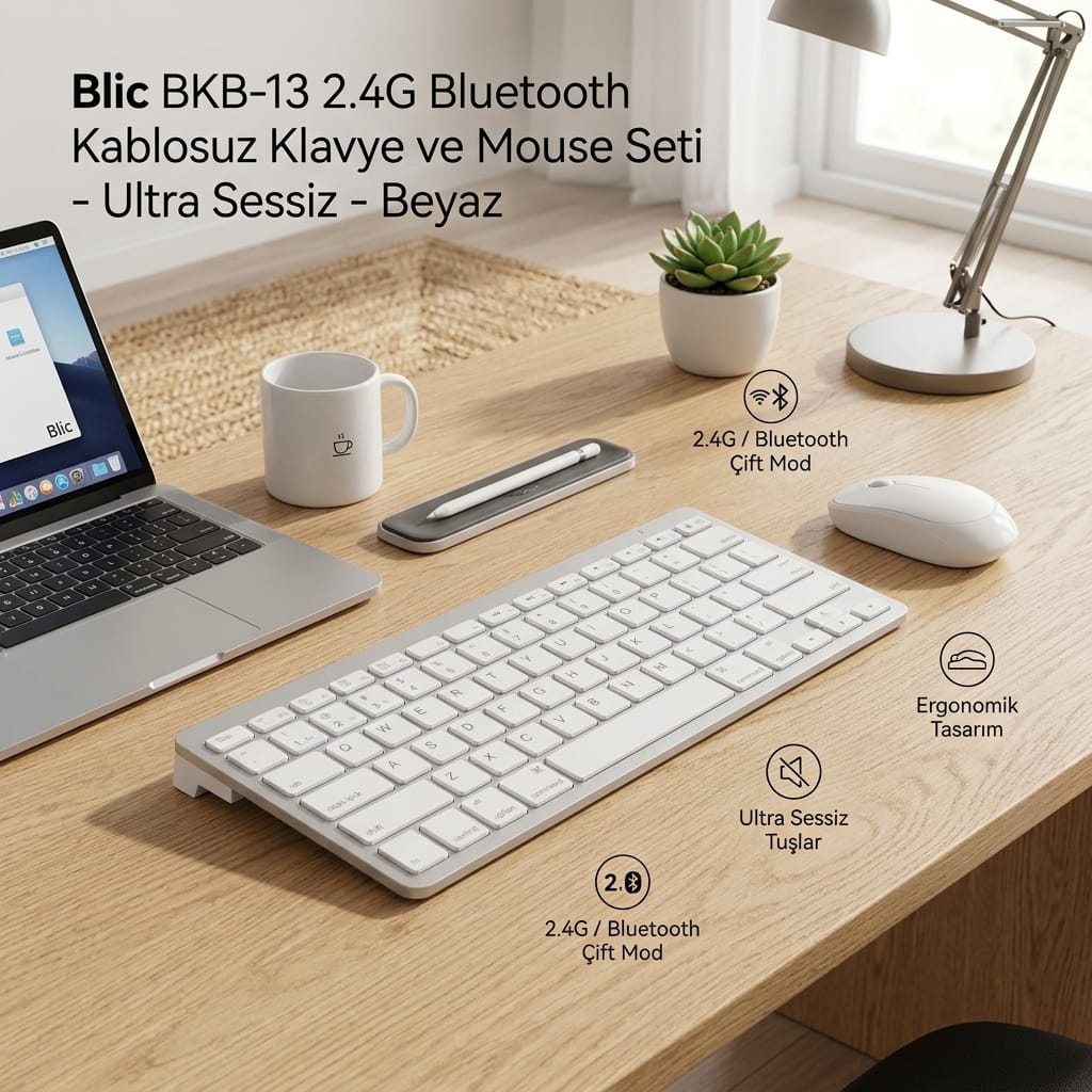 Blic BKB-13 2.4G Bluetooth Kablosuz Klavye ve Mouse Seti Beyaz