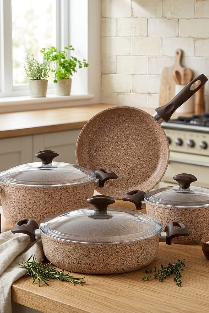 Falez Creamy Granitec 7 Parça Krem Granit Tencere Seti