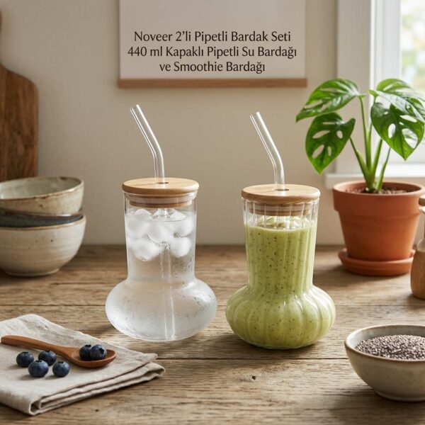 Noveer 2'li 440 ml Pipetli Su ve Smoothie Bardağı Seti