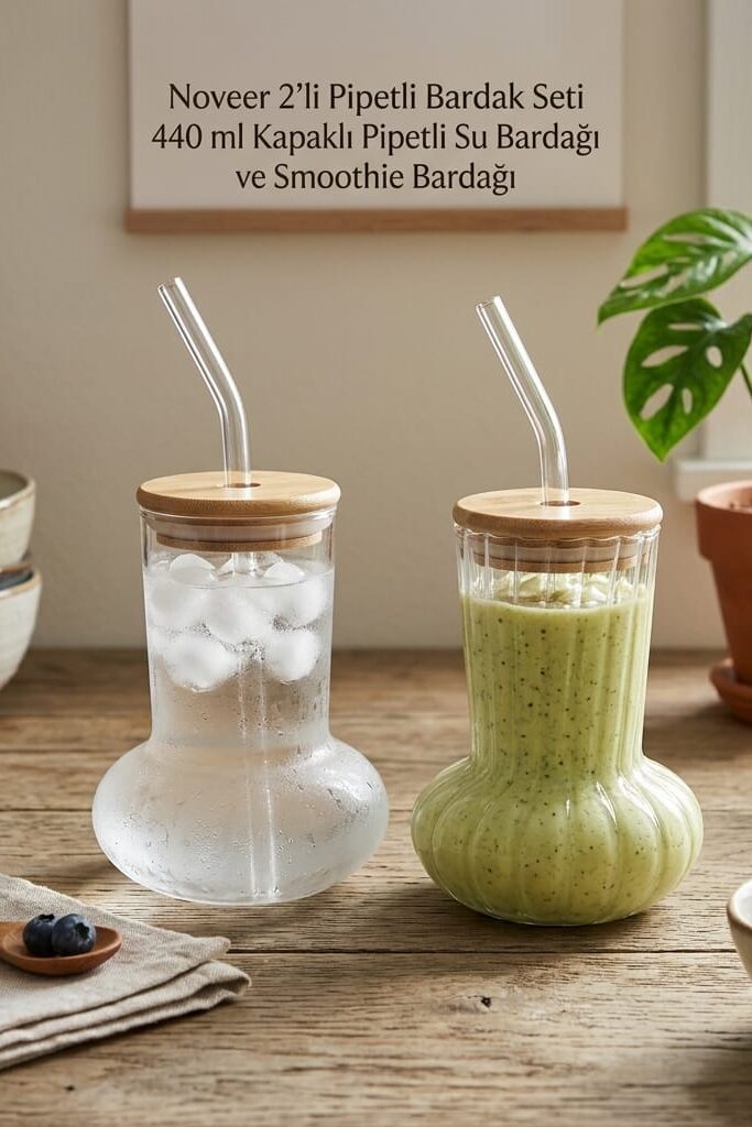 Noveer 2'li 440 ml Pipetli Su ve Smoothie Bardağı Seti