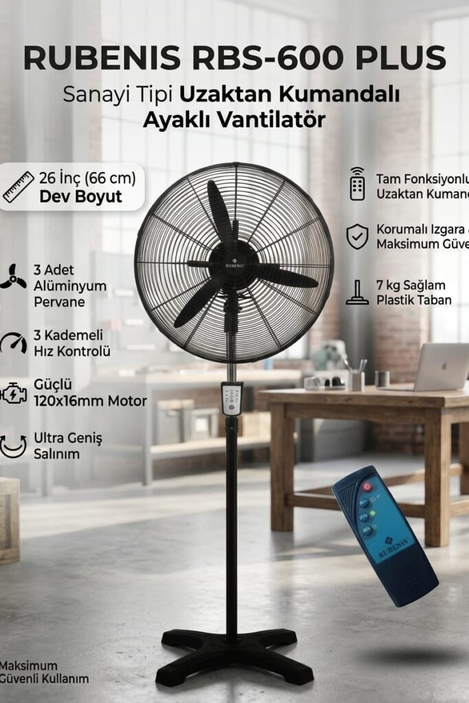 Rubenis RBS-600 Plus 26 İnç 66 cm Uzaktan Kumandalı Sanayi Tipi Ayaklı Vantilatör