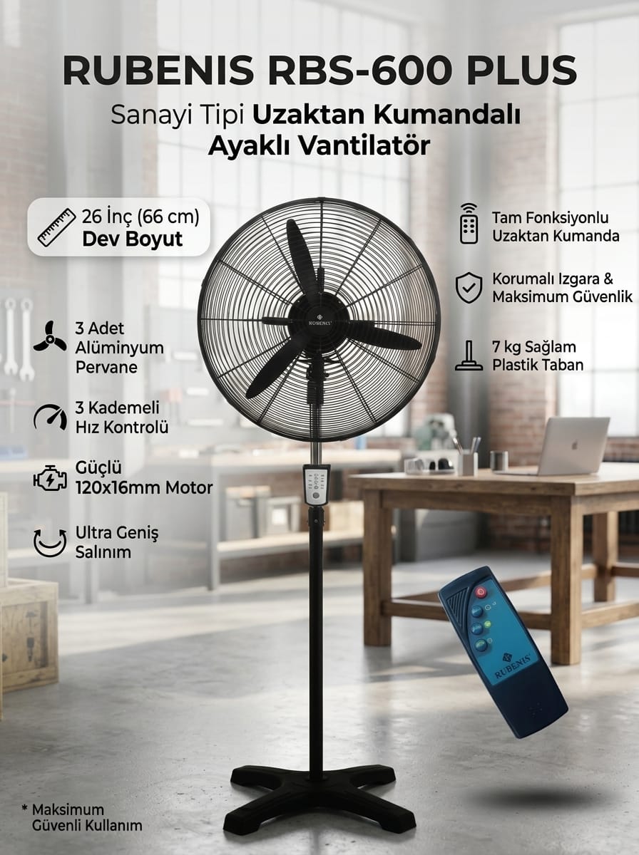 8680562471986-image-1 Rubenis RBS-600 Plus 26 İnç 66 cm Uzaktan Kumandalı Sanayi Tipi Ayaklı Vantilatör