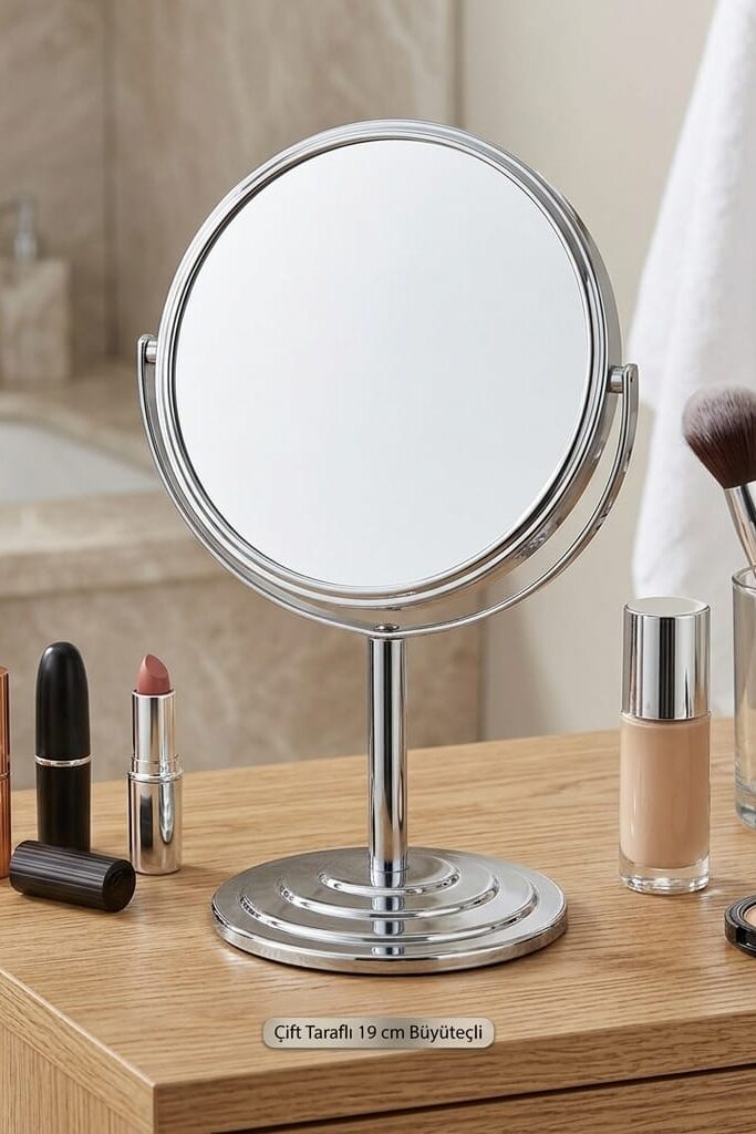 Ayaklı Çift Taraflı Metal Ayna 19 cm Gümüş
