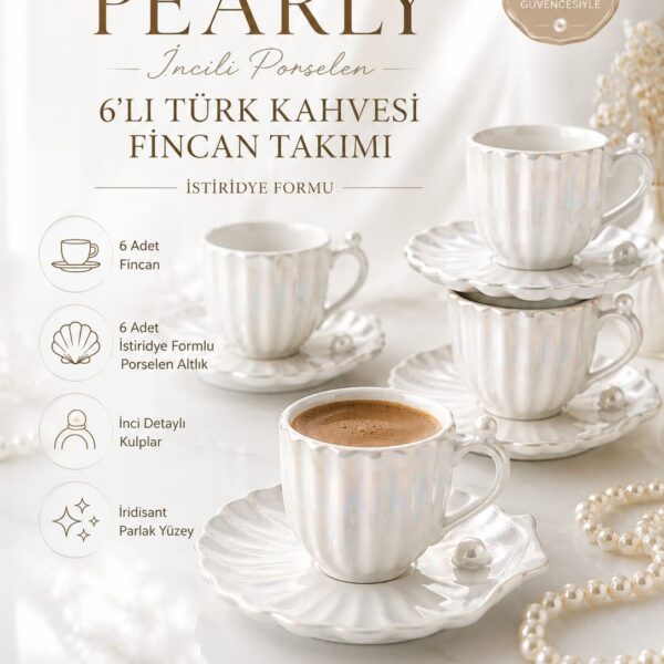 Pearly İncili Porselen 6'lı Türk Kahvesi Fincan Takımı İstiridye Formlu