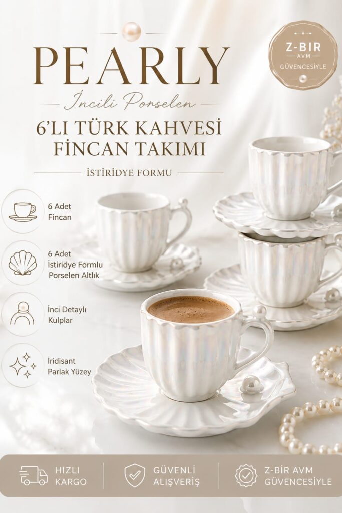 Pearly İncili Porselen 6'lı Türk Kahvesi Fincan Takımı İstiridye Formlu