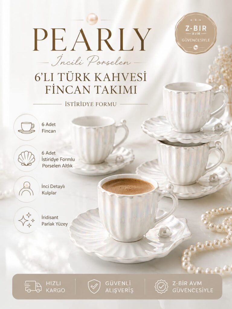 Pearly İncili Porselen 6'lı Türk Kahvesi Fincan Takımı İstiridye Formlu