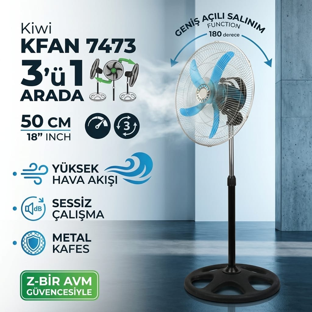 Kiwi KFAN 7473 3'ü 1 Arada Sanayi Tipi Ayaklı Vantilatör 50 cm Siyah