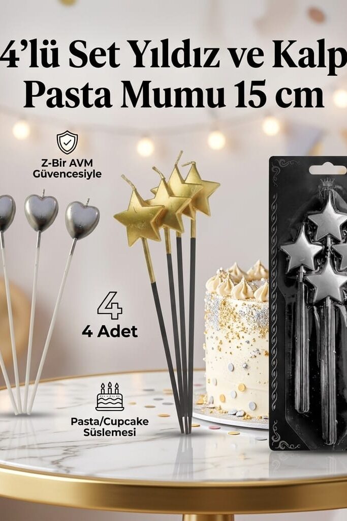 4'lü Set Yıldız ve Kalp Şekilli Pasta Mumu 15 cm