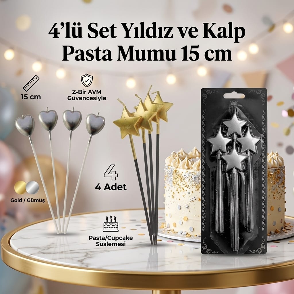 4'lü Set Yıldız ve Kalp Şekilli Pasta Mumu 15 cm