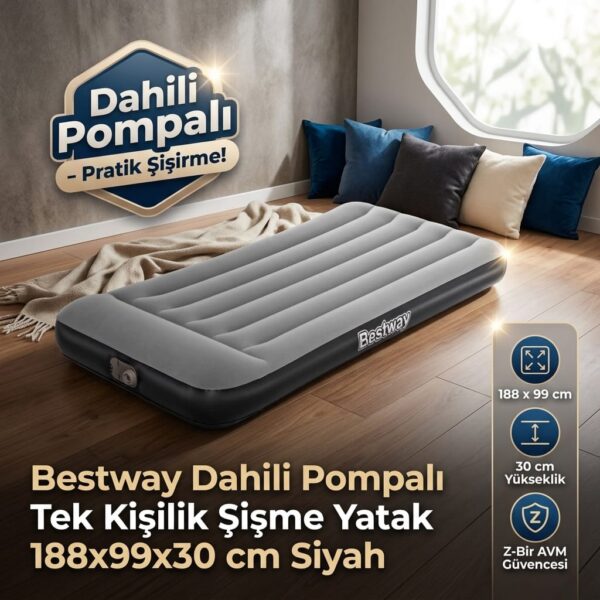 Bestway Dahili Pompalı Tek Kişilik Şişme Yatak 188x99x30 cm Siyah