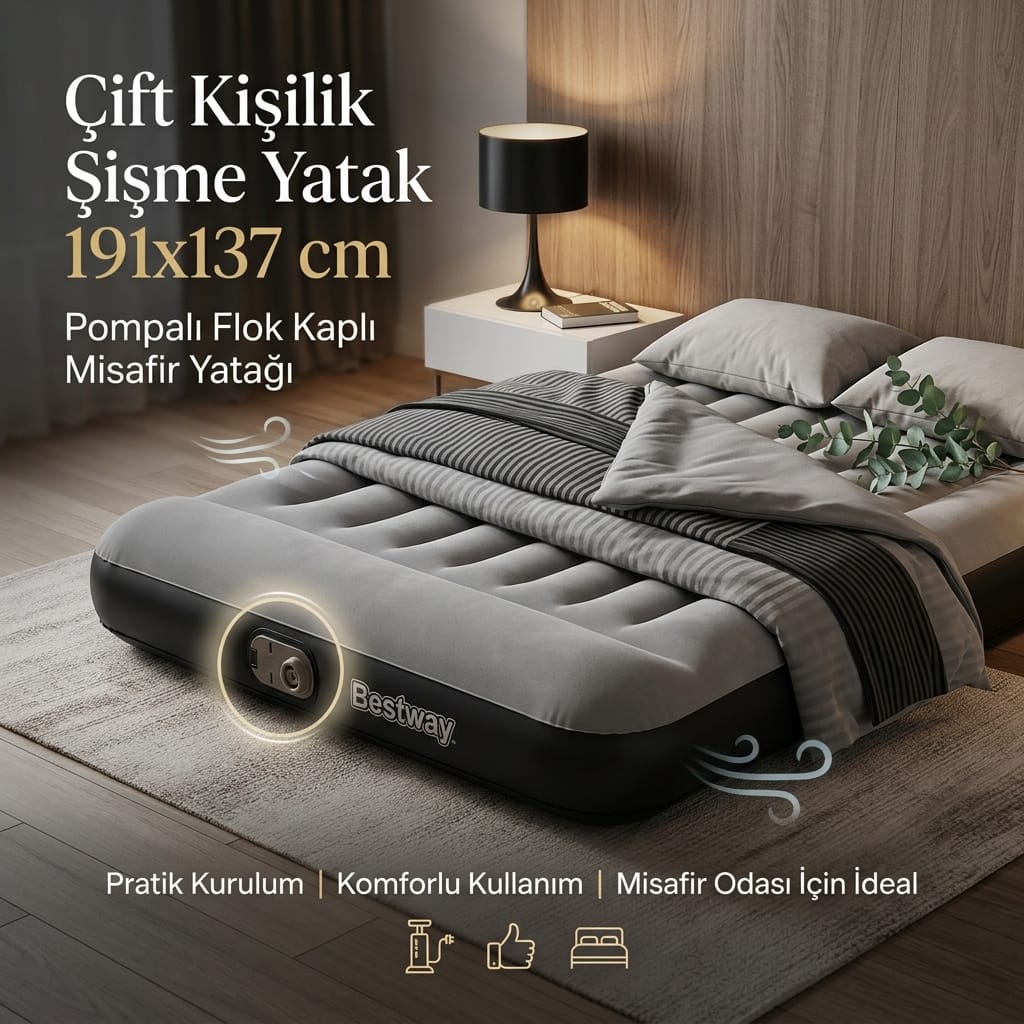 Bestway Çift Kişilik Şişme Yatak 191x137 cm Pompalı Flok Kaplı