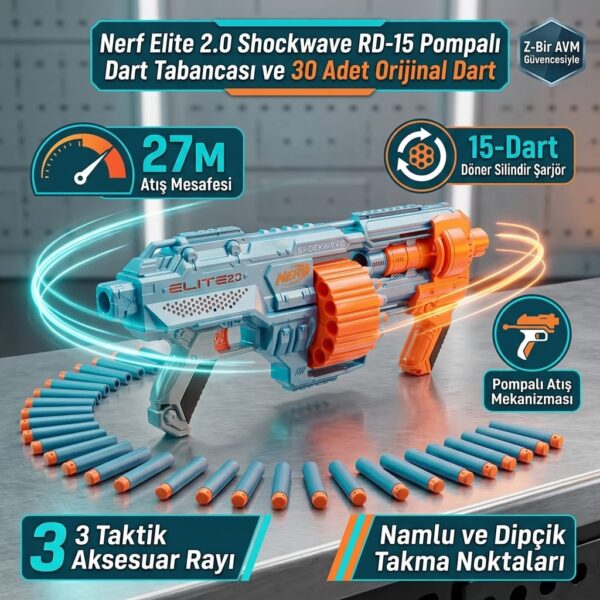 Nerf Elite 2.0 Shockwave RD-15 Pompalı Dart Tabancası