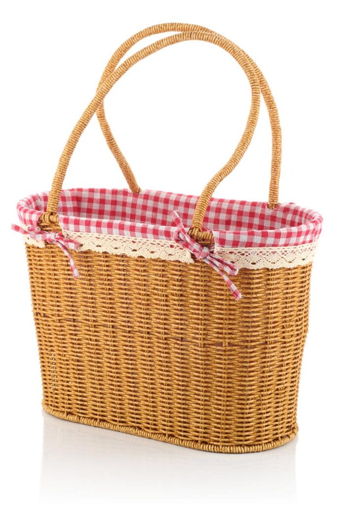 Mien Rattan Pazar Çantası - Kırmızı Pötikare Kumaşlı Hasır Piknik Sepeti