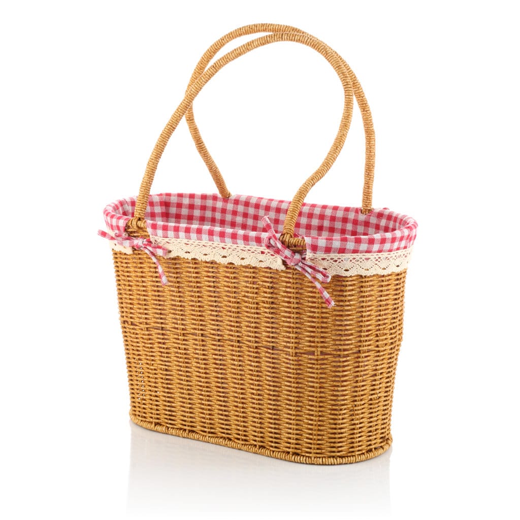 Mien Rattan Pazar Çantası - Kırmızı Pötikare Kumaşlı Hasır Piknik Sepeti