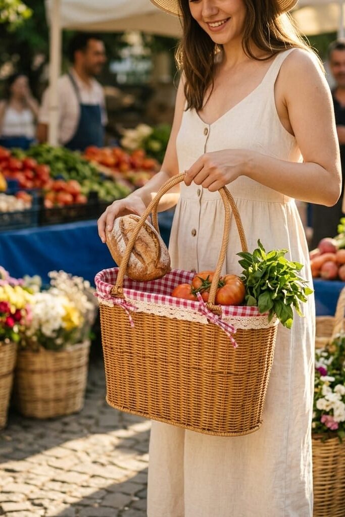 Mien Rattan Pazar Çantası - Kırmızı Pötikare Kumaşlı Hasır Piknik Sepeti