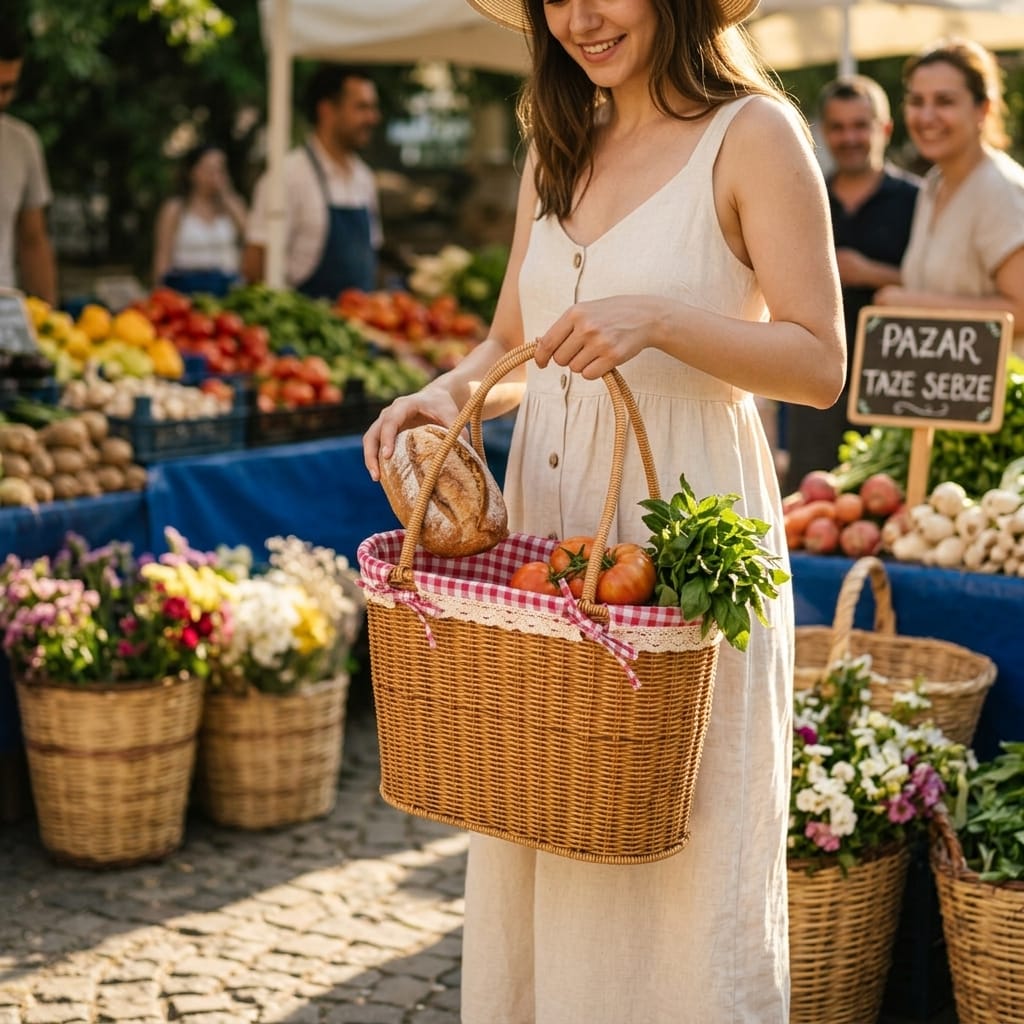 Mien Rattan Pazar Çantası - Kırmızı Pötikare Kumaşlı Hasır Piknik Sepeti