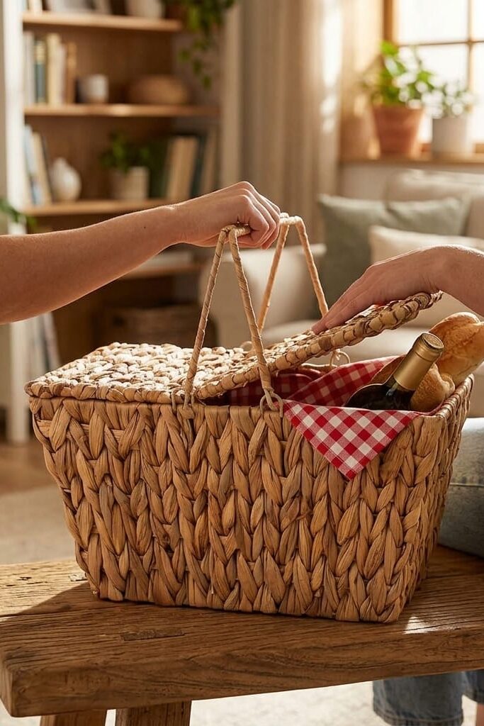 Mien Hasır Kapaklı Dikdörtgen Çok Amaçlı Piknik Sepeti 39x28x20 cm