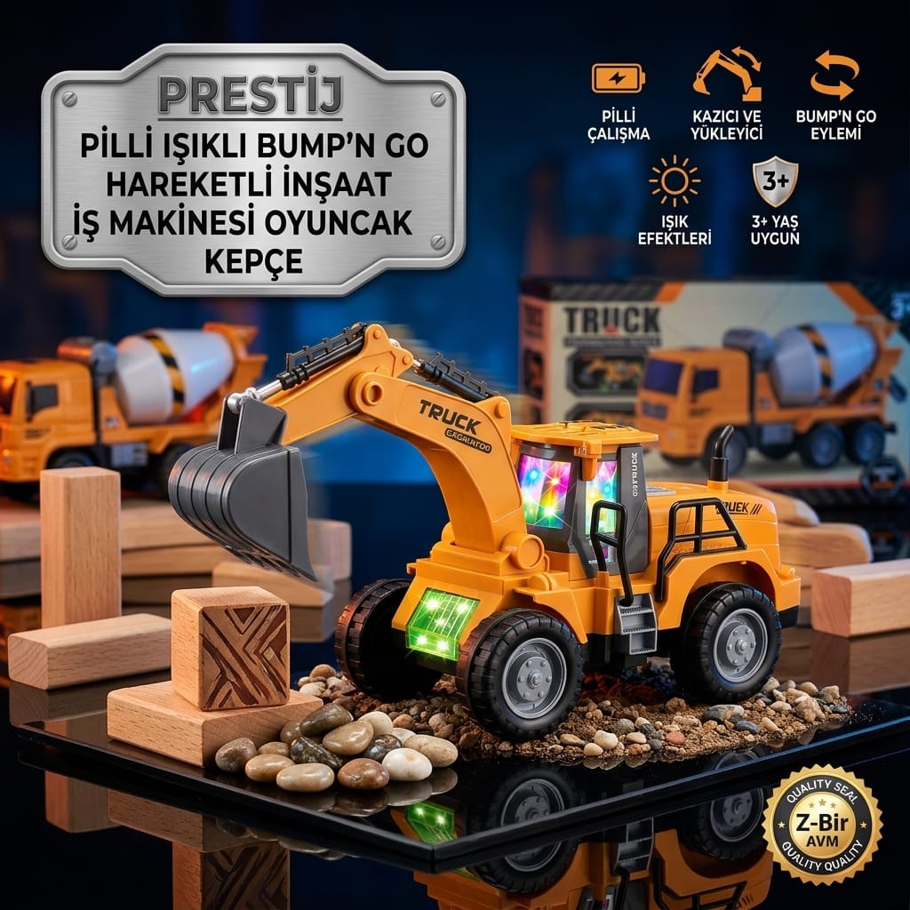 6975473320549-image-1 Prestij Pilli Işıklı Bump’n Go Hareketli İnşaat İş Makinesi Oyuncak Kepçe