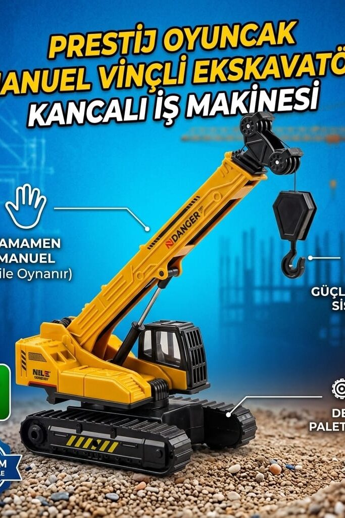 Prestij Oyuncak Manuel Vinçli Ekskavatör Kancalı İş Makinesi 3 Yaş