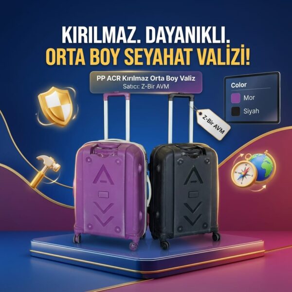 PP ACR Kırılmaz Orta Boy Seyahat Valizi Mor ve Siyah