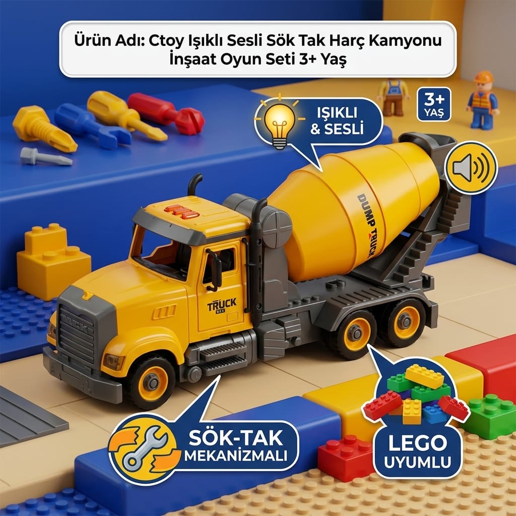 8680965665364-image-1 Ctoy Işıklı ve Sesli Sök Tak Harç Kamyonu 3+ Yaş
