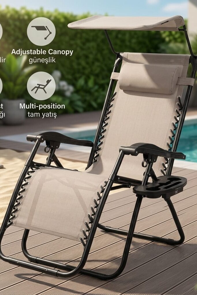 Katlanabilir Bej Metal İskeletli Güneşlikli ve Baş Yastıklı Şezlong