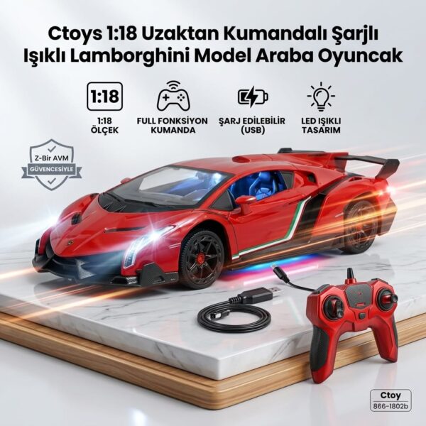 Ctoys 1:18 Uzaktan Kumandalı Şarjlı Işıklı Lamborghini Model Araba