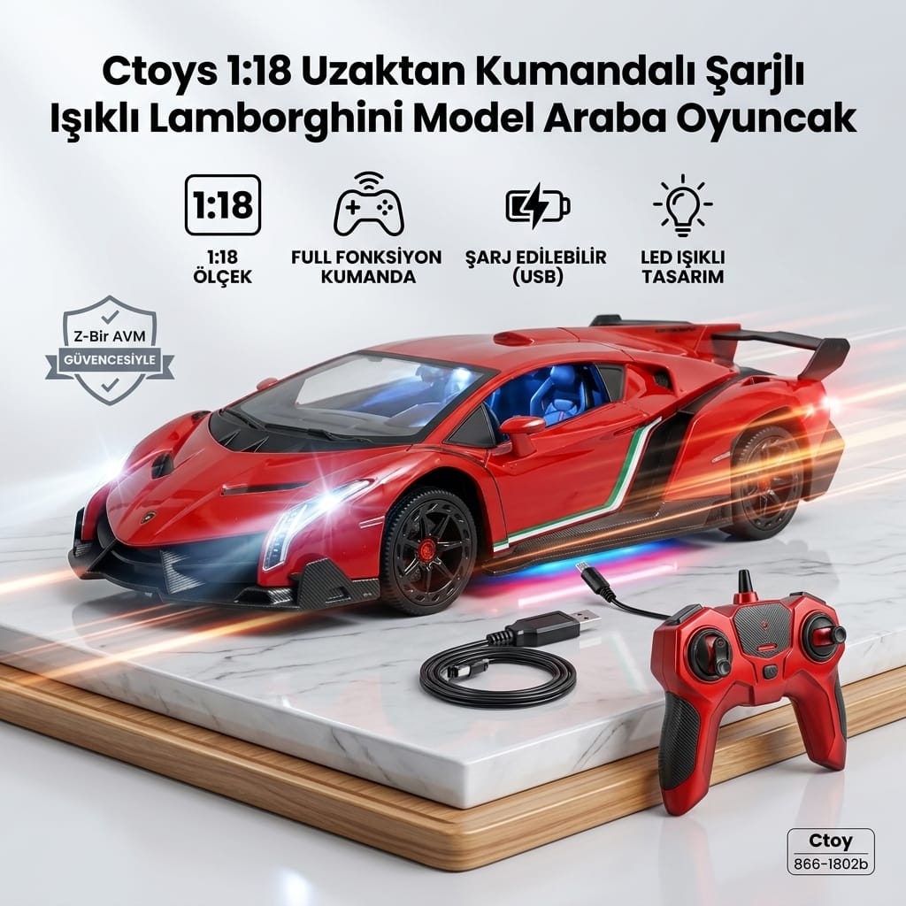 8684877005164-image-1 Ctoys 1:18 Uzaktan Kumandalı Şarjlı Işıklı Lamborghini Model Araba