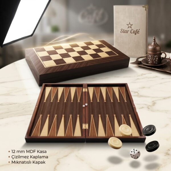 Star Cafe Ceviz Görünümlü Profesyonel MDF Tavla Takımı 25.5x49 cm