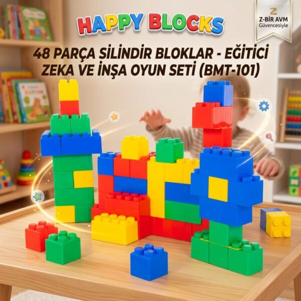 Happy Blocks 48 Parça Silindir Bloklar Eğitici Zeka ve İnşa Oyun Seti BMT-101