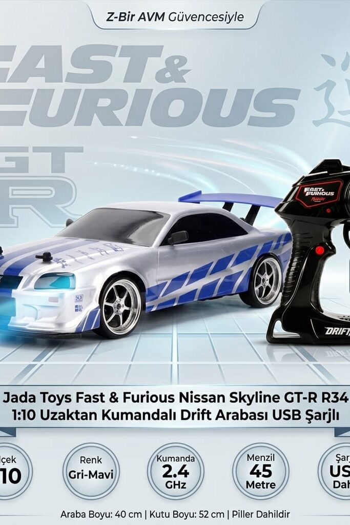 Jada Toys Fast & Furious Nissan Skyline GT-R R34 1:10 Uzaktan Kumandalı Drift Arabası