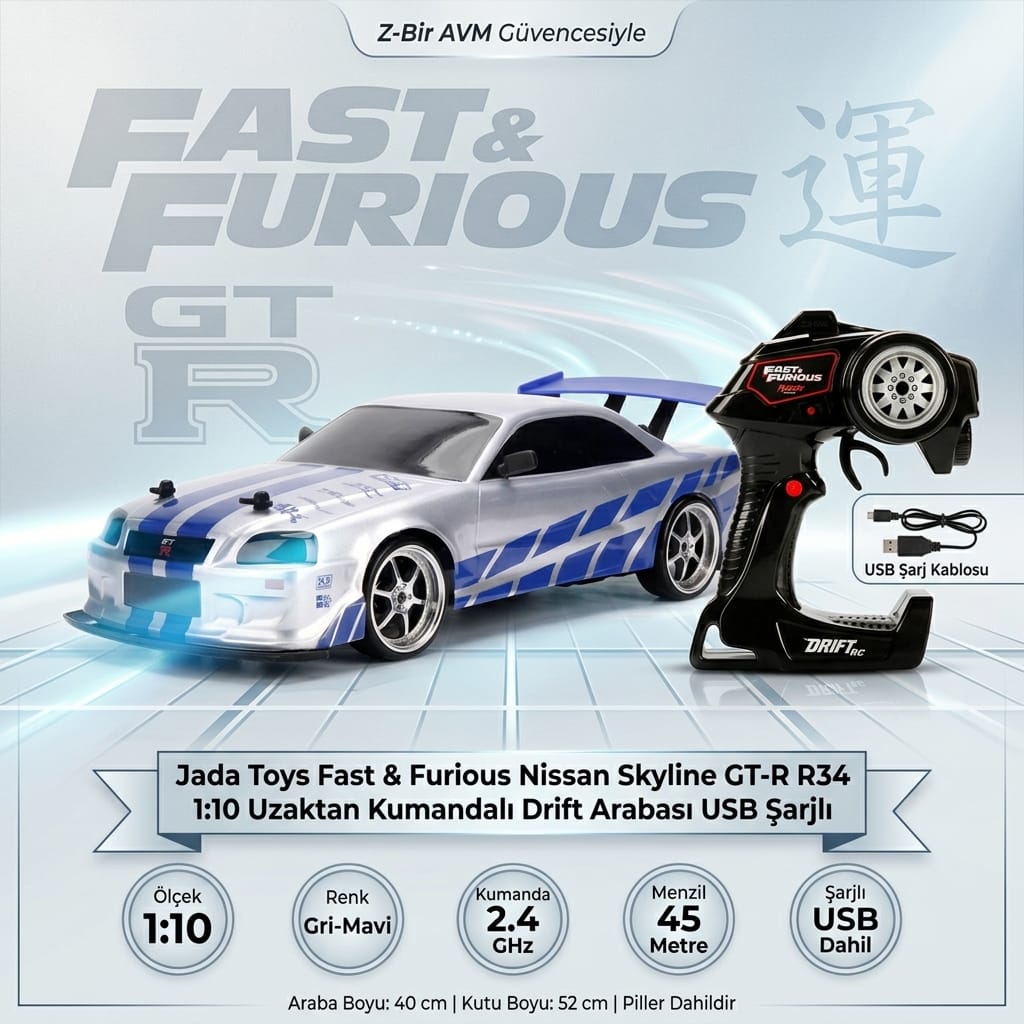 4006333097188-image-1 Jada Toys Fast & Furious Nissan Skyline GT-R R34 1:10 Uzaktan Kumandalı Drift Arabası