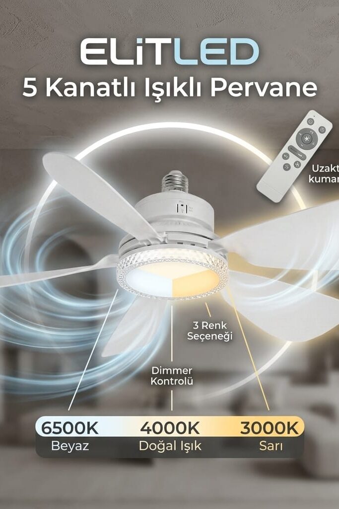 ELiTLED 5 Kanatlı Uzaktan Kumandalı LED Işıklı Tavan Vantilatörü 52 cm