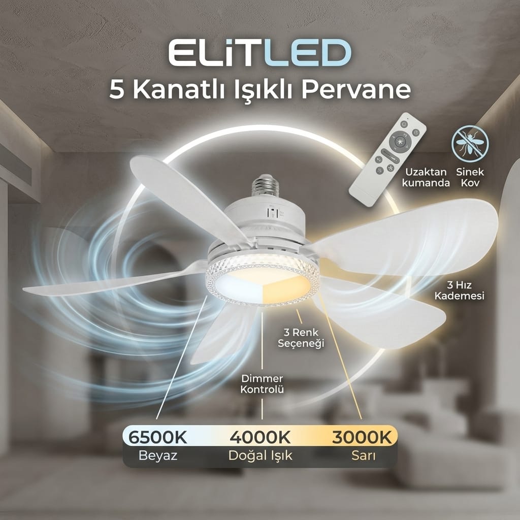 8682759614879-image-1 ELiTLED 5 Kanatlı Uzaktan Kumandalı LED Işıklı Tavan Vantilatörü 52 cm