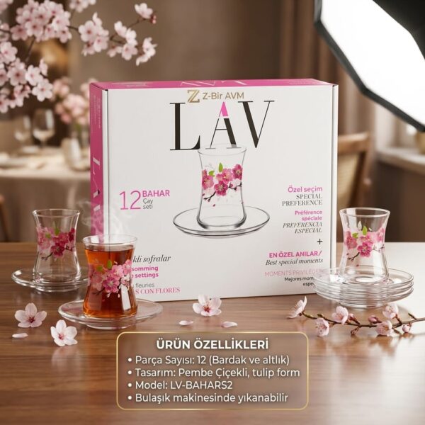 LAV 12 Parça Bahar Çay Seti - Pembe Kiraz Çiçeği Desenli Cam Bardak Takımı