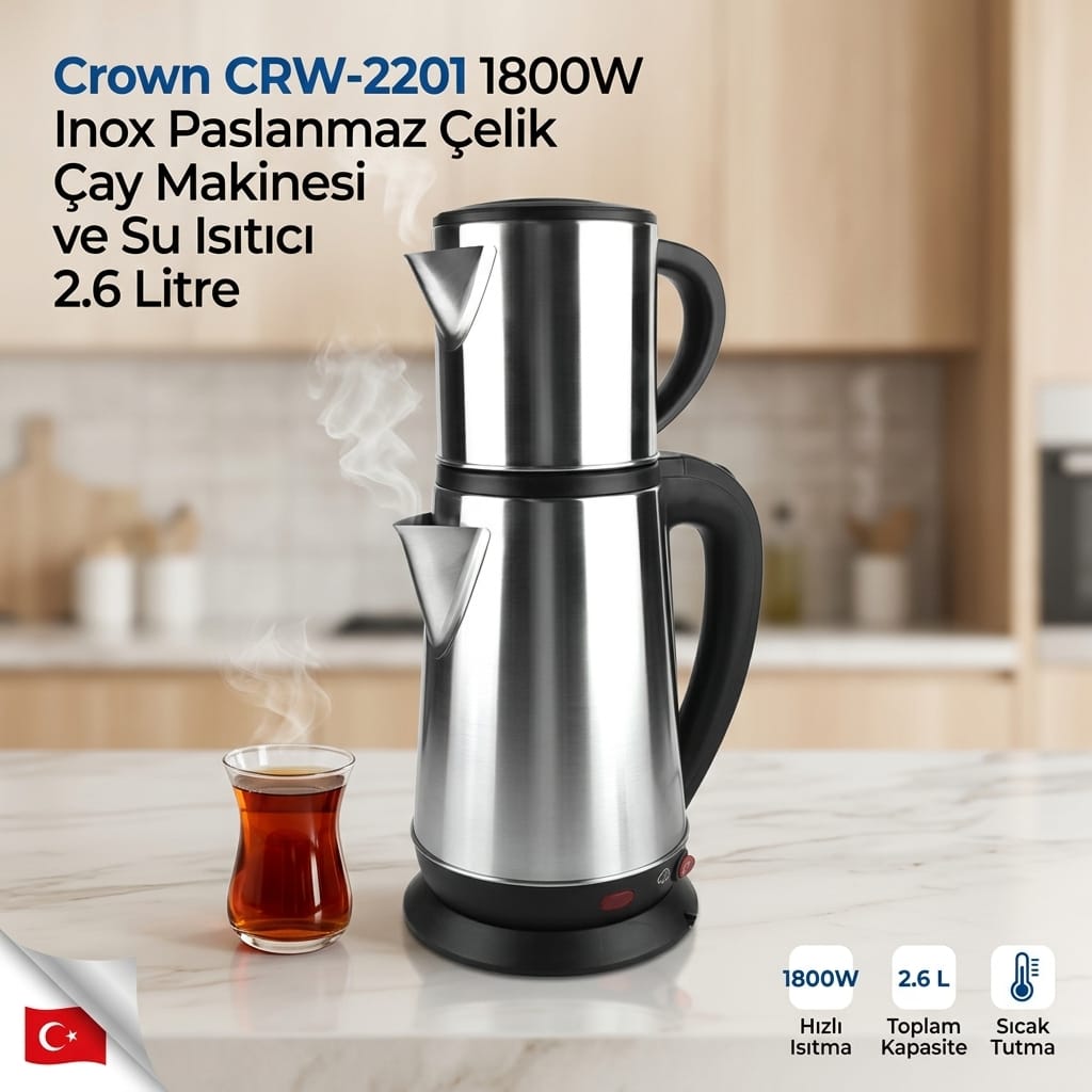 8680534748634-image-1 Crown CRW-2201 1800W 2.6 Litre Inox Çay Makinesi