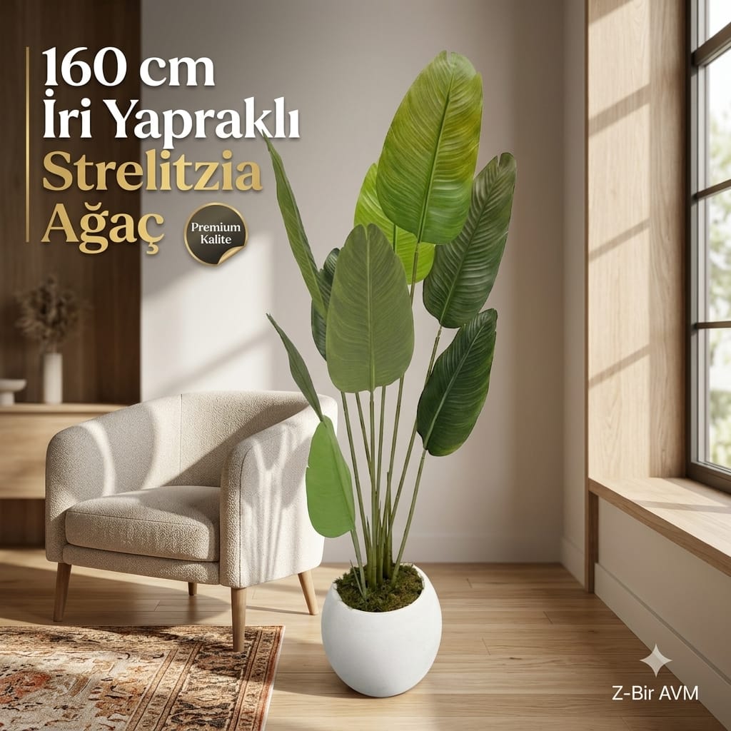 160 cm İri Yapraklı Strelitzia Strelice Deve Tabanı Yapay Dekoratif Ağaç