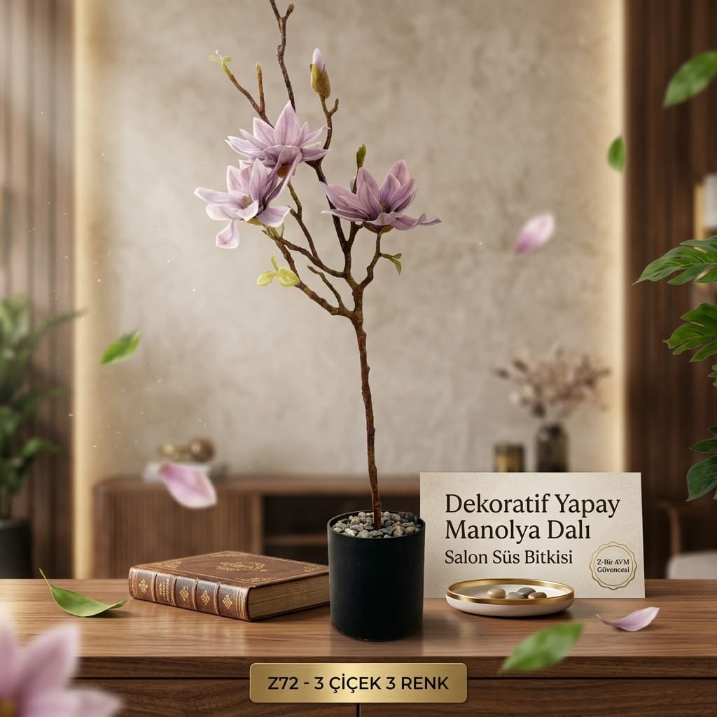 Dekoratif Yapay Manolya Dalı 3 Çiçekli Küçük Boy Salon Dekorasyon Çiçeği