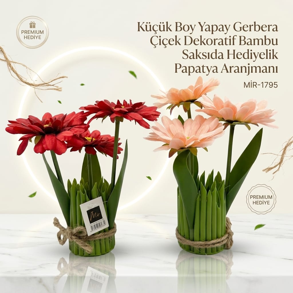 Küçük Boy Yapay Gerbera Çiçek Dekoratif Bambu Saksıda Hediyelik Papatya Aranjmanı