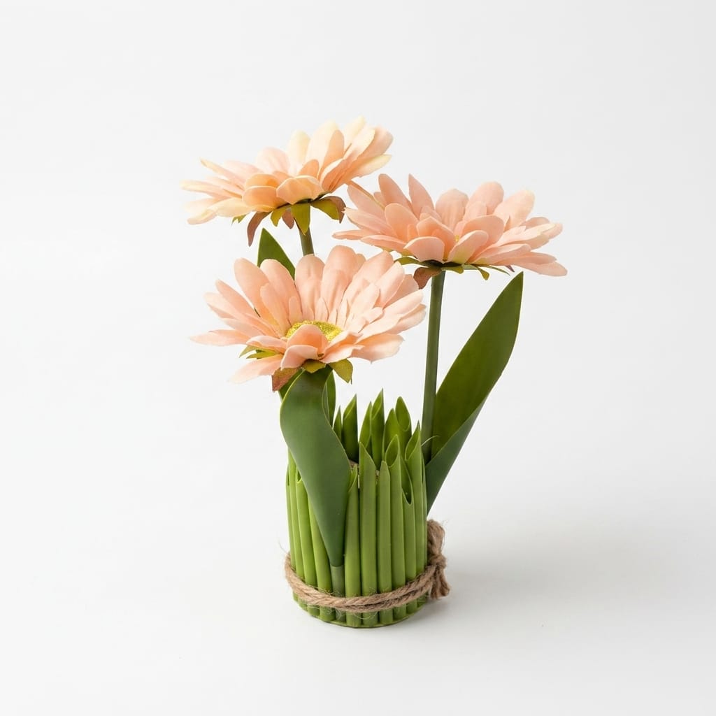 Küçük Boy Yapay Gerbera Çiçek Dekoratif Bambu Saksıda Hediyelik Papatya Aranjmanı