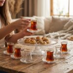 Sigma Home Balea 13 Parça Ayaklı Cam Sunumluk ve Altın Yaldızlı Çay Seti