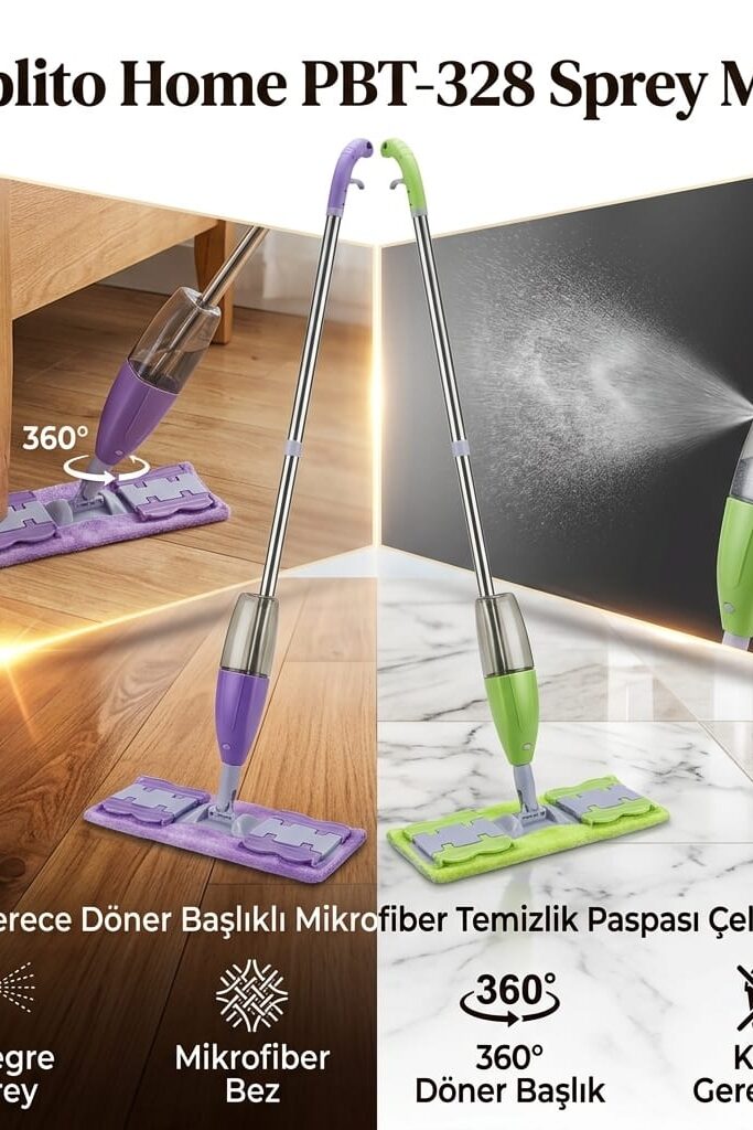 Pablito Home PBT-328 Sprey Mop 360 Derece Döner Başlıklı Mikrofiber Temizlik Paspası Çelik Saplı