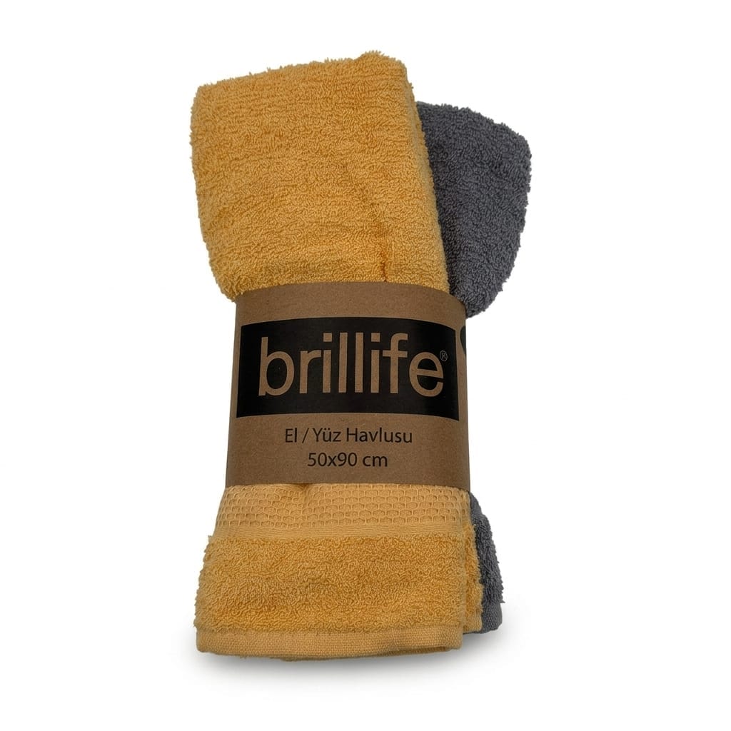 Brillife 2'li El ve Yüz Havlusu Seti 50x90 cm Hardal Gri